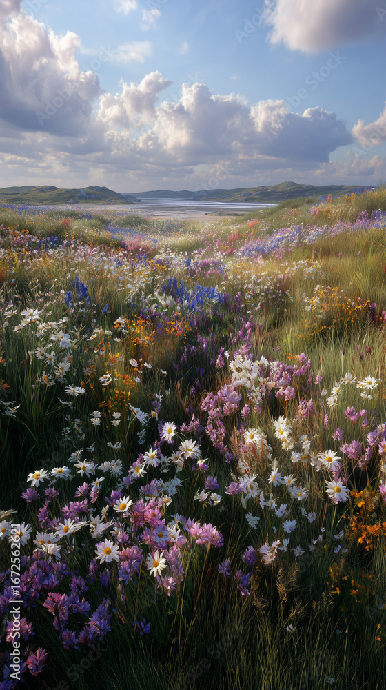 Obraz premium A vibrant wildflower meadow with diverse flora under a cloudy sky.