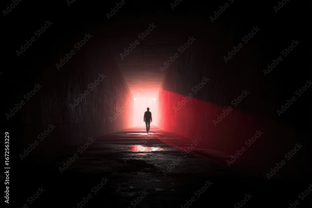 Fototapeta premium a man comes out of a dark tunnel into the light