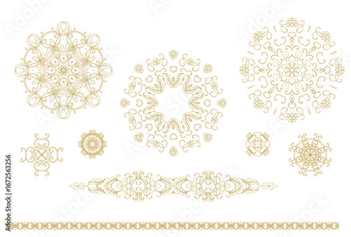 Set of laced decorative vignettes - rosettes on white background	

