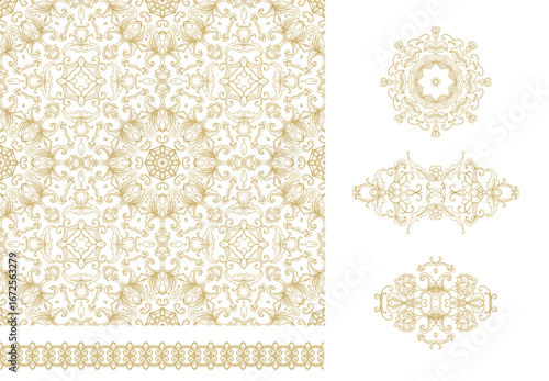 Set of golden decorative elements - ornamental rosette, round frames mandala, ornamental vector border ribbon, openwork textures, oriental style, on white background	