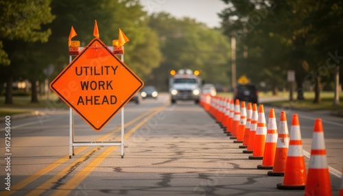 Roadwork Zone with Traffic Cones and Warning Sign Indicating Utility Work Ahead in a Residential