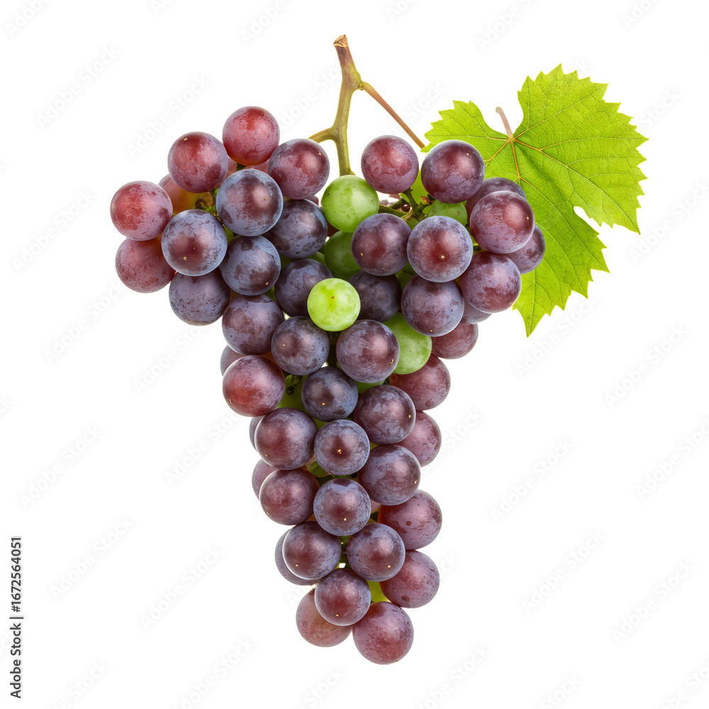 Fototapeta premium grapes bunch. Red grapes with leaves isolated on white background