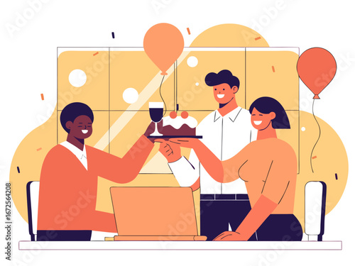Diverse coworkers celebrating successful project completion in modern business office setting