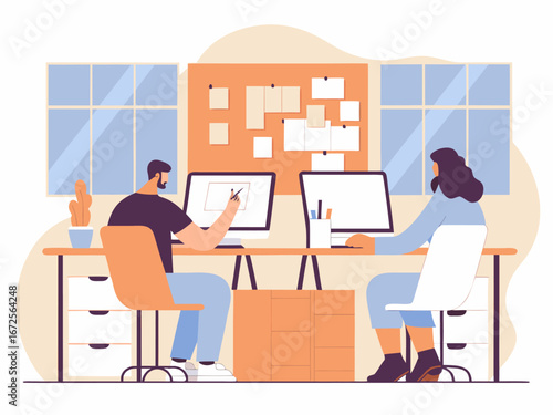 Creative agency employees designing digital content marketing plan in modern office workspace