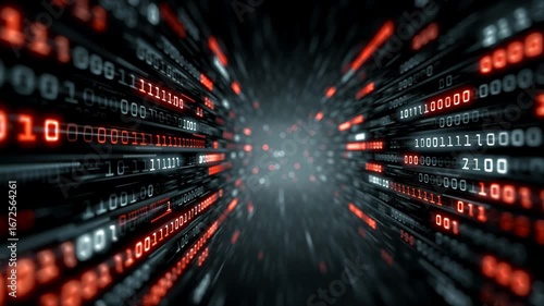 Rapidly spreading malicious binary code streams through a dark digital tunnel creating a chaotic cybersecurity data flow atmosphere