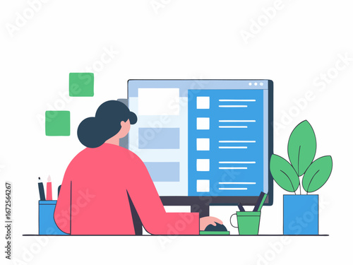 Female employee sitting at desk working on business email and digital task list