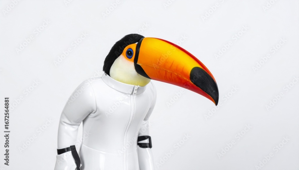 Naklejka premium Weird Conceptual Portrait of Toucan Head on a Human in White Suit on White Background