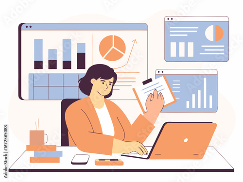 Isometric workspace showing multitasking businesswoman working with data charts