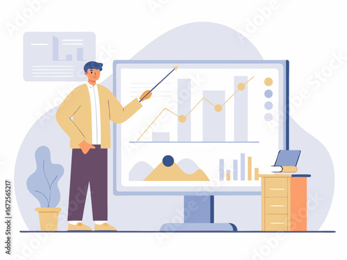 Man giving presentation on sales performance using large monitor