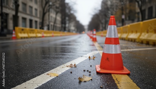 Urban road construction zone with traffic cone and wet asphalt surface highlighting roadwork