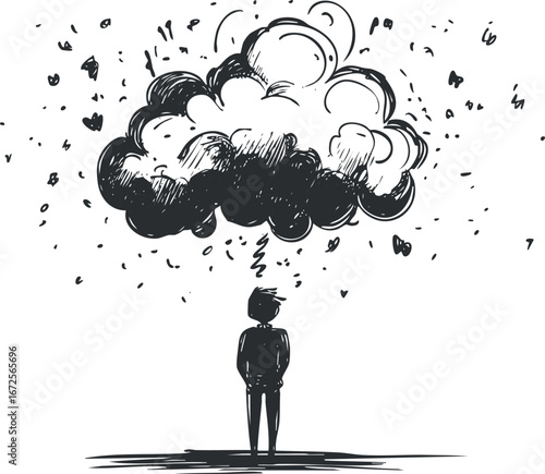 Black and white sketch of a man standing under a stormy cloud symbolizing intense thinking or mental confusion