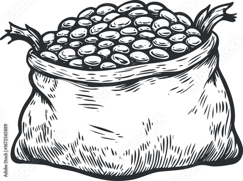 Black and white sketch of a large sack filled with beans representing agricultural produce and storage