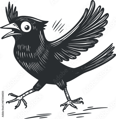 Black and white cartoon illustration of a flying bird with wings spread and open beak