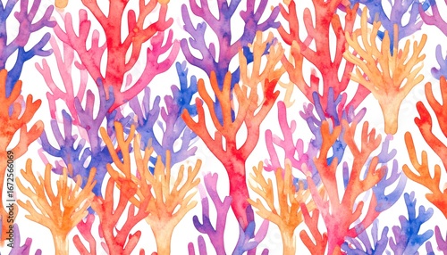 Colorful Watercolor Coral Reef Pattern on White Background for Creative Design