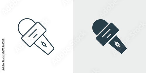 Microphone Icon Vector. Audio Recording, Broadcast Equipment. Podcast, interview, voice, sound, music, outline and glyph icons illustration.