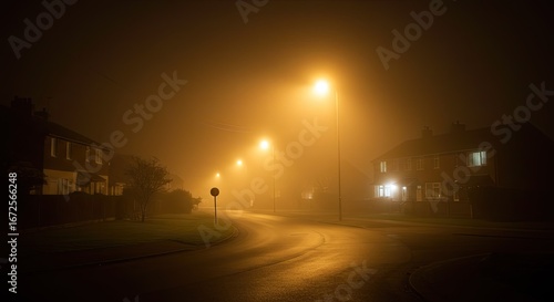 Fogshrouded neighborhood street at night illuminated by glowing streetlights and dim house windows