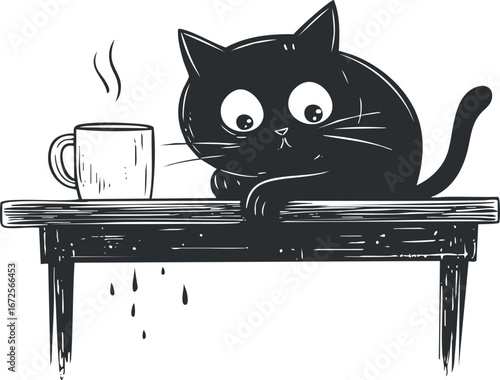 Cute black cat sitting on wooden table near steaming cup of coffee illustration