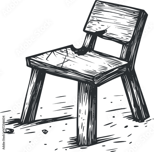 Black and white sketch of an old wooden chair with a broken backrest and scratches