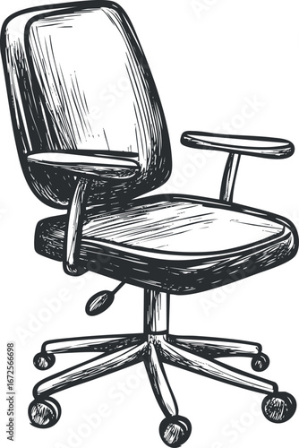 Black and white sketch illustration of a modern adjustable office chair with armrests and wheels for workspace use