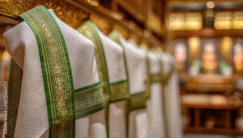 Wallpaper Mural White liturgical vestments, draped and hanging, with intricate green trim,  in a church Torontodigital.ca