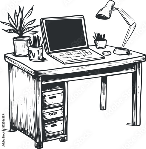 Black and white sketch of a modern office desk with laptop lamp and potted plants
