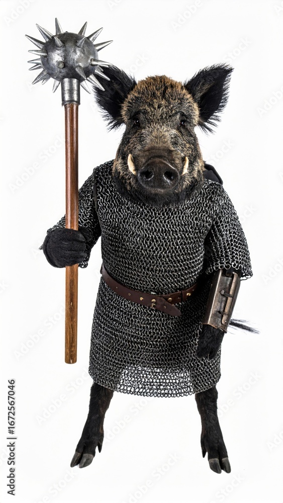 Obraz premium Boar Warrior in Chainmail Holding Mace Isolated on White Background Wearing Medieval Armor
