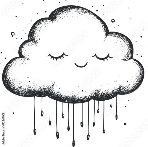 Hand drawn black and white illustration of a cute cloud with closed eyes and rain drops falling down