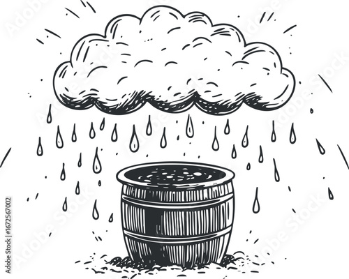 Black and white hand-drawn illustration of a cloud raining water into a wooden barrel