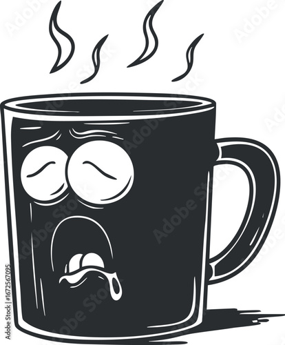 Black and white cartoon illustration of a hot coffee mug with a tired sad face and steam rising