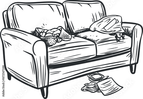 Black and white sketch of a modern sofa with cushions and pillows in a living room setting