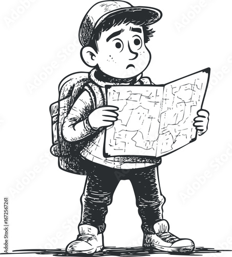 Illustration of a young boy wearing a backpack and cap looking confused while holding a map.