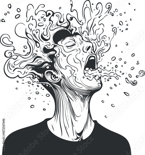 Black and white illustration of a man with liquid splashing out of his open mouth and head, abstract fluid art