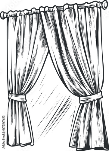 Black and white sketch of classic curtains tied back on a window with a curtain rod