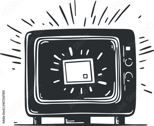 Black and white illustration of an old television with a glowing screen and retro design
