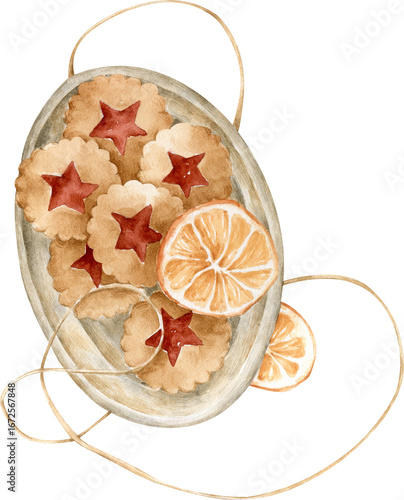 Watercolor Illustration of Linzer Cookies and Orange, Christmas Decor