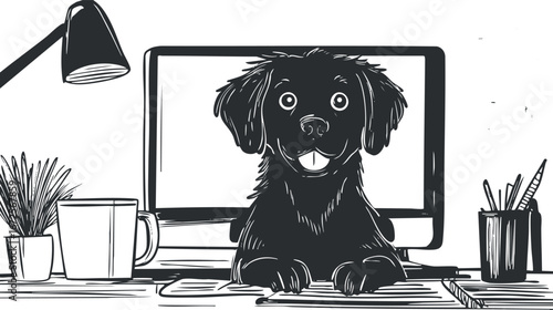 Black and white illustration of a happy dog sitting on a desk in front of a computer monitor with office supplies around.