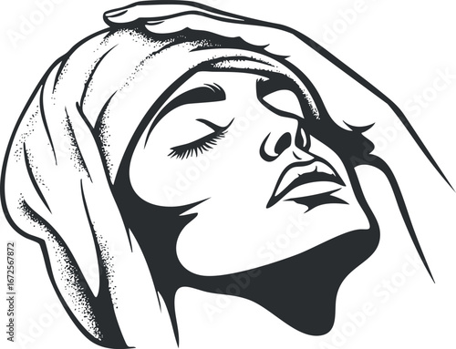 Black and white illustration of a woman wearing a headscarf with closed eyes and a calm, peaceful expression
