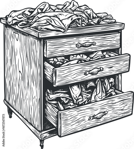 Illustration of a wooden cabinet with three open drawers filled with messy clothes and fabric inside the drawers and on top.