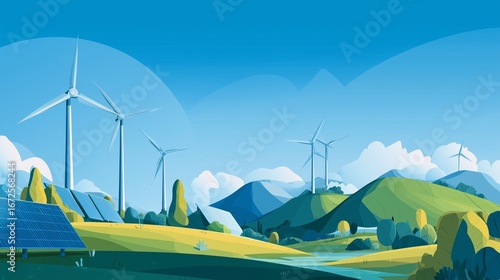Sustainable Energy Sources Wind Turbines and Solar Panels Generating Green Electricity for a Bright Future