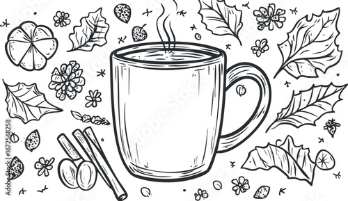 Hand-drawn black and white illustration of a steaming coffee cup surrounded by cinnamon sticks, leaves, and flowers
