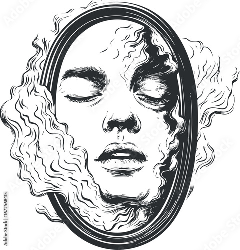 Black and white surreal illustration of a woman's face with closed eyes reflected in a smoke-filled mirror frame