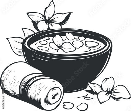 Black and white illustration of a spa bowl with oil, flower petals, and massage roller for relaxation and wellness