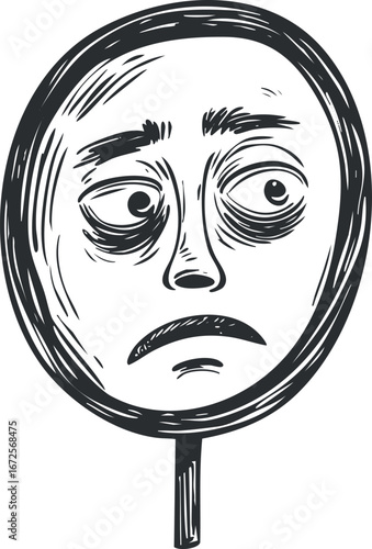 Black and white sketch illustration of a tired and worried face reflected in a handheld mirror