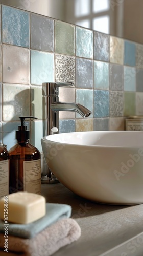 Elegant Bathroom Sink With Colorful Tile Backsplash and Natural Decor Elements