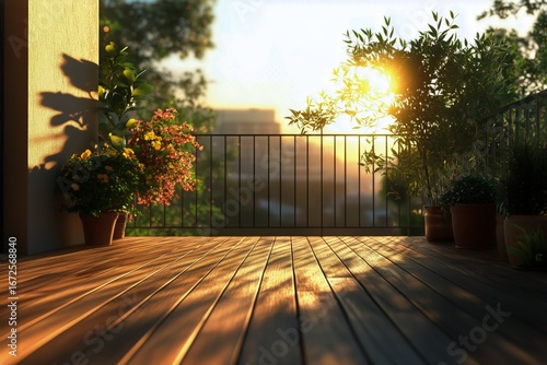 Bright Sunny Balcony With Wooden Floor and Potted Plants in a City Setting Du...