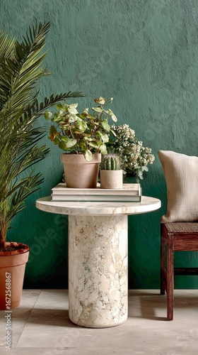 Elegant Marble Table With Books and Greenery in a Cozy Indoor Space.