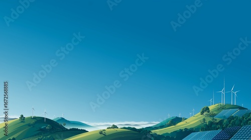 Sustainable energy landscape with rolling hills and wind turbines under a clear blue sky
