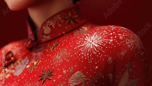 Close-up of a richly embroidered, red Chinese-style garment.  Ornate details