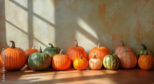 Display of Colorful Pumpkins Arranged on a Table With Warm Sunlight Illuminat...