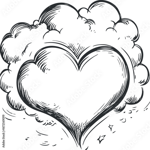 Hand-drawn black and white illustration of a heart shape surrounded by fluffy clouds symbolizing love and warmth